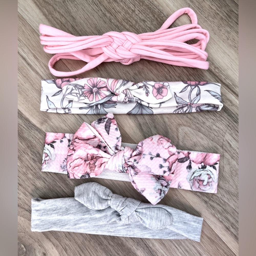 Baby Girl Headbands Pink & Gray floral bows soft stretchy chic neutral matching